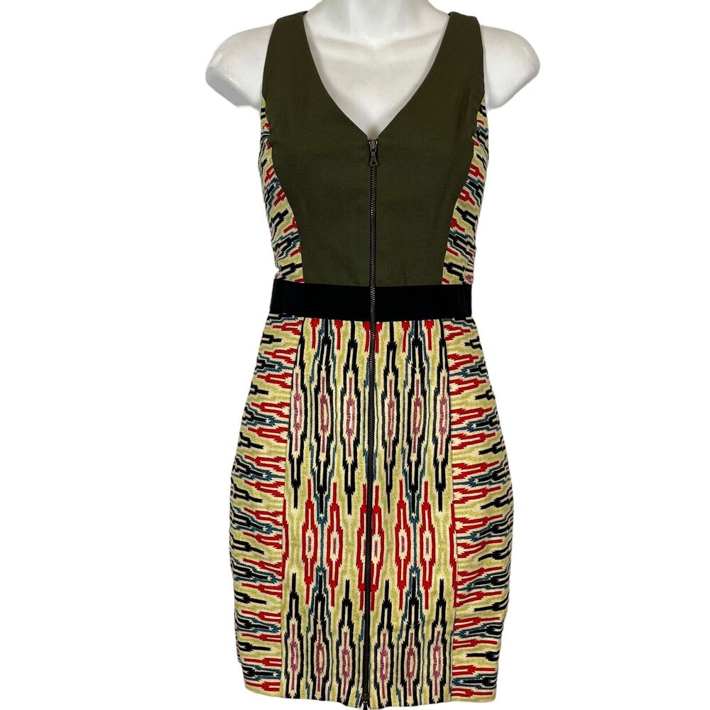 Rachel Roy Womens Olive Sheath V-Neck Front Zip Cotton Aztec Print Dress sz 2